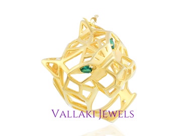 Solid 3D Tiger Panther Leopard Bold Pave Diamond Cuff Ring in Zambian Natural Emerald Gemstone Cuff Ring Unique Stylish Ring in 925 silver