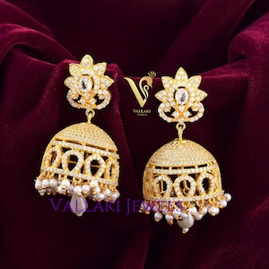 PREMIUM Look Bold Gold Jalidar Chimes Jhumka Indian Jewelry Handmade Light Weight Natural Pearl lamp Jhumka in 925 Silver, Christmas Gift