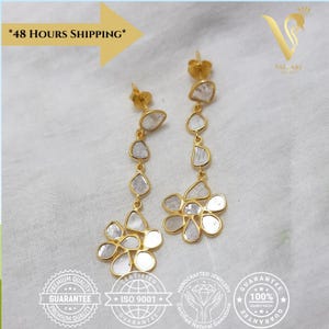 Polki Drop Earrings with 925 Sterling Silver Filled Minimal Drop Earrings 14k Gold Plated Dangle Minimal Earrings Birthday Gift for her