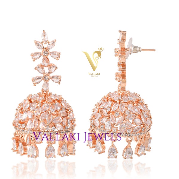 Or rose Jalidar carillons Jhumka bijoux indiens bijoux pakistanais fait à la main léger boucle d'oreille Jhumka en argent 925 14 carats rempli d'or rose
