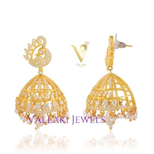 BOLLYWOOD CHANDELIER Gold Plated CZ Jhumka Earrings Indian Jewelry Statement Handmade Gifting with Pearl, Moti Hanging Stylish Earring