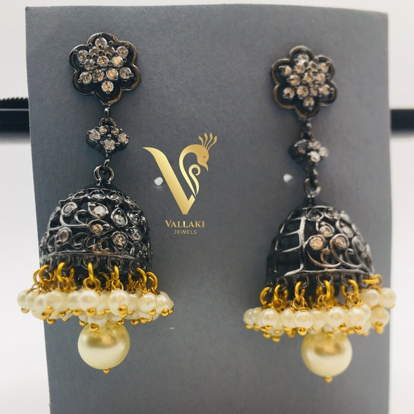 Boucles d'oreilles jhumka de style victorien en cristal et zircone cubique, argent sterling 925 et superbe jhumka Bollywood noir rhodié