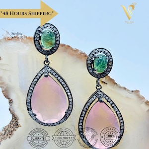 Green Tourmaline and Faceted Rose Quartz Earrings Pave Diamond 925 silver Dainty Dangle Drop Unique Earrings Jewelry Gift for her