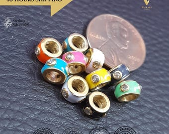 Handmade Enamel 925 Sterling Silver Rondelle Beads with Pave Diamond 7 mm Teachers Day Gift, Gift for Mom, Affordable Gift