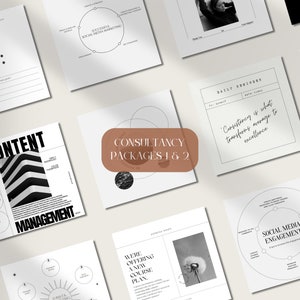 Op de afbeelding: Een set zwart-witte grafische sjablonen voor social media marketing. De sjablonen bevatten tekst zoals "Let's", "Content Management", "Consultancy Packages 1 & 2", "Daily Reminders", "Consistency is what transforms average to excellence", "Social Media Engagement" en "We're offering a new course plan".