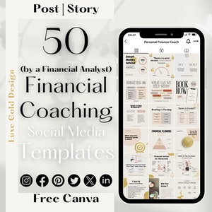 Puede incluir: Una pantalla de teléfono que muestra 50 plantillas de redes sociales para coaching financiero. Las plantillas están diseñadas en un estilo minimalista con acentos dorados y presentan texto como "Consejos inteligentes para el dinero", "Presupuesto 101" y "Planificación financiera".
