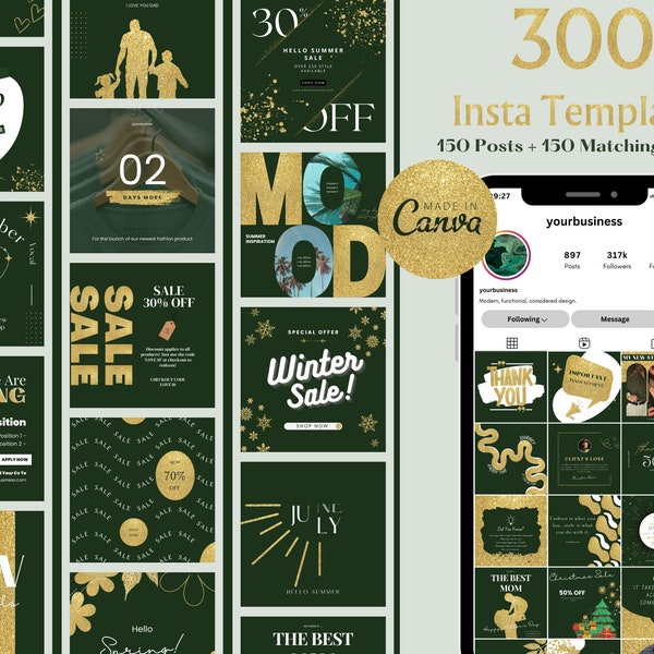 300 Dark Green Gold Instagram Post Story Template, Quote, Sale and Marketing, Marketing Campaign, Fashion Boutique, Jewelry, Retailing