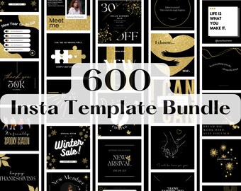600 Instagram Bundle for Small Business, Post Story Motivational Quote, Black Gold Insta Package Free Canva Coach Ecommerce Fashion Boutique