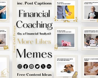 Puede incluir: Un collage de imágenes con superposiciones de texto sobre coaching financiero. El texto incluye "Financial Coaching (by a Financial Analyst)", "More Likes Memes" y "Free Content Ideas". Las imágenes incluyen a una persona con un bolsillo vacío, una alcancía, una persona sosteniendo un cartel que dice "Help", un perro y un gato.