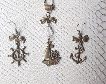 Parure collier et boucles d'oreilles bronze "petit bateau", bijou femme, cadeau