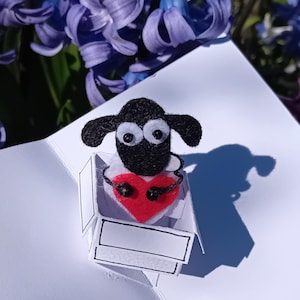 Sheep with heart in the box, handmade greeting card, with envelope, for birthdays or anniversaries