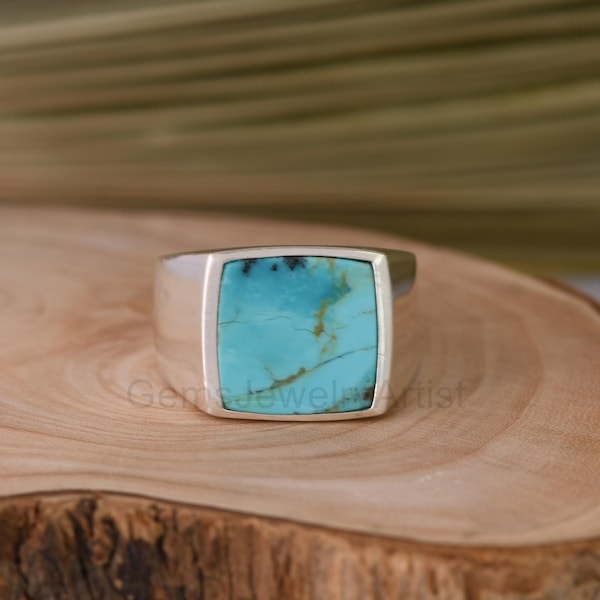 Hermoso anillo cuadrado de turquesa Kingman, anillo de sello de plata esterlina hecho a mano para hombre, joyería bohemia con piedras preciosas, anillo llamativo de turquesa.