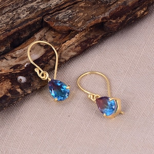 Gold Plated Drop Earrings with Teardrop Bio Alexandrite – Dainty Gemstone Dangle Earrings, Elegant Handmade Jewelry Gift for Birthday