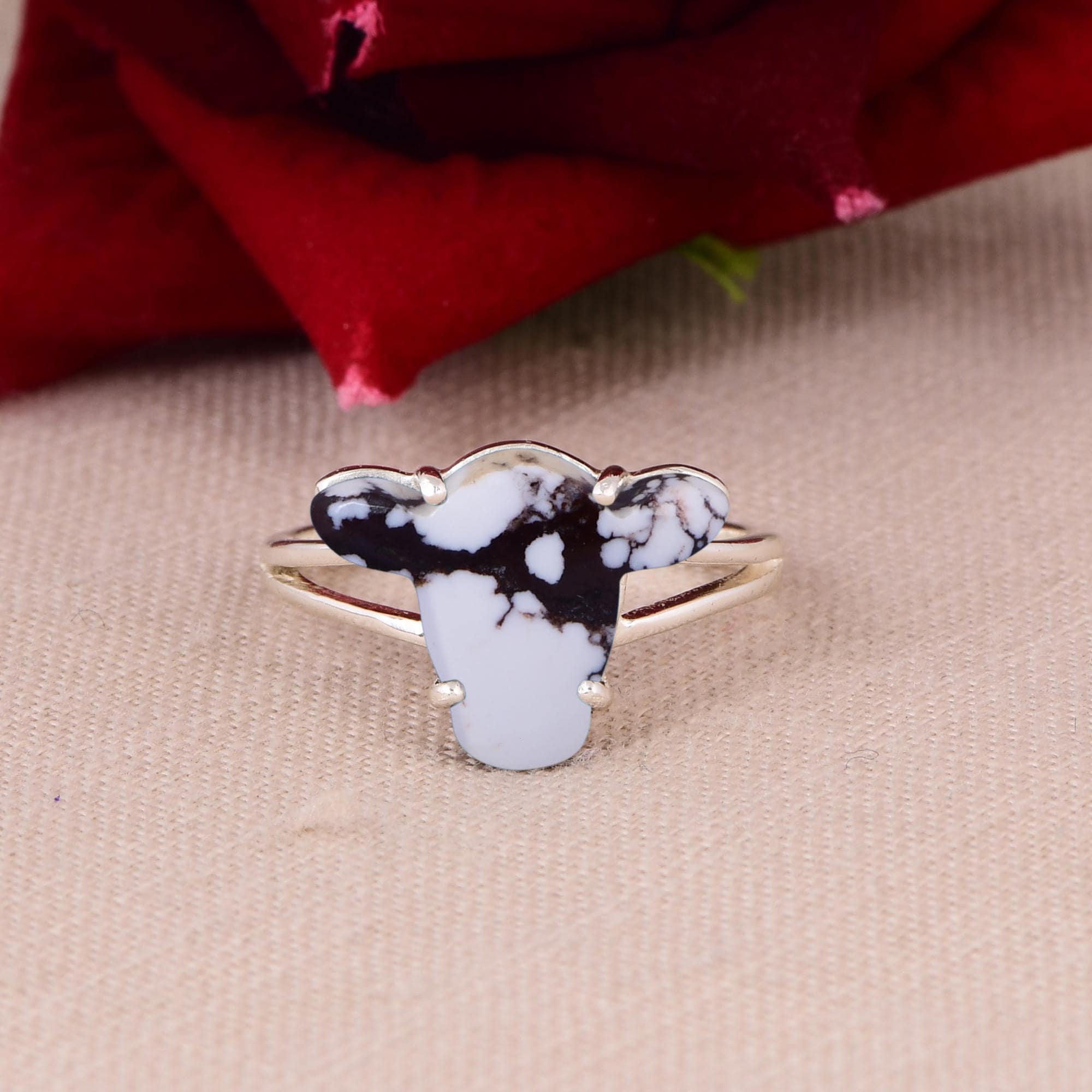Cow Head Ring - White Horse Jasper Bull Ring - Sterling Silver Western…