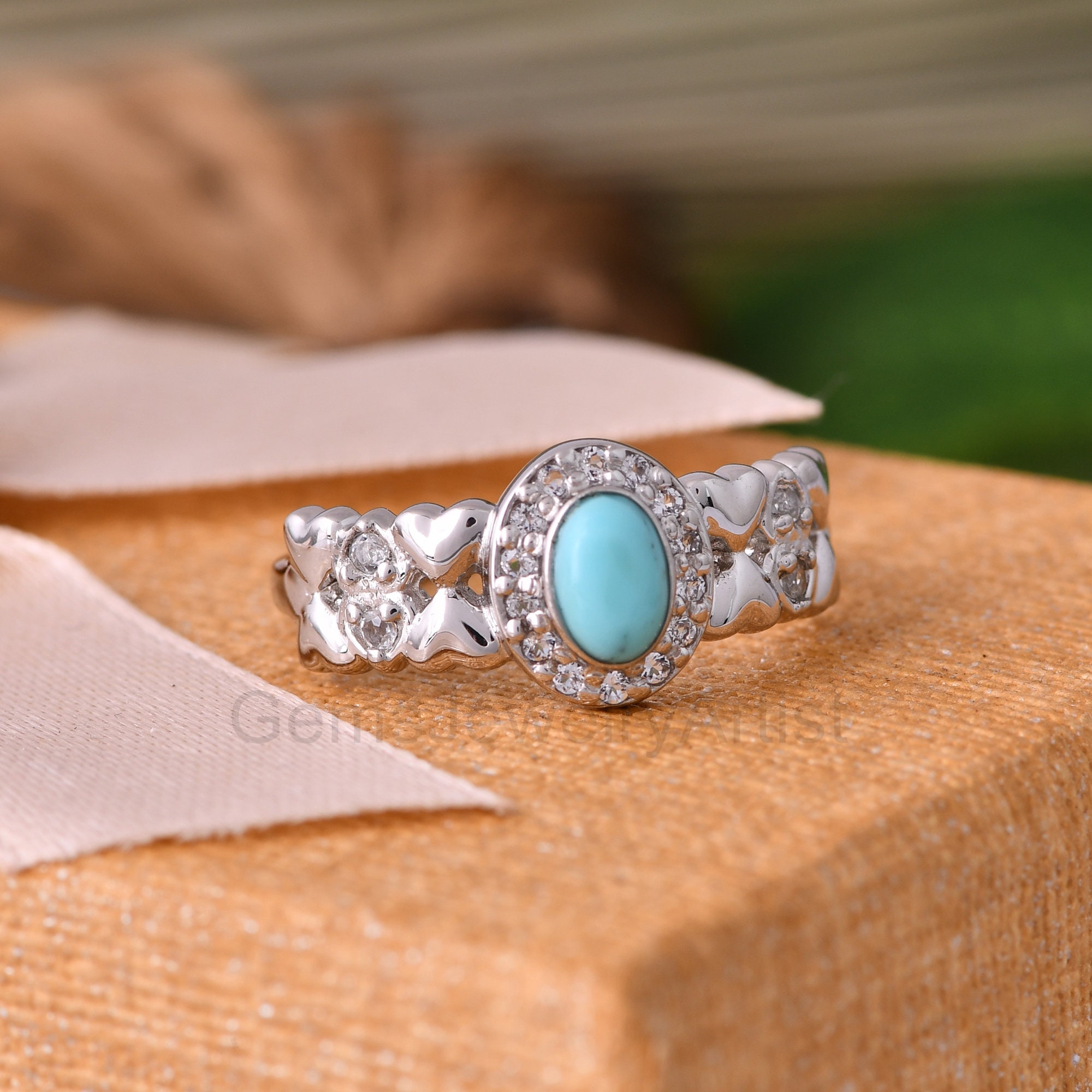 Arizona Turquoise & White Topaz Ring, 925 Sterling Silver Ring