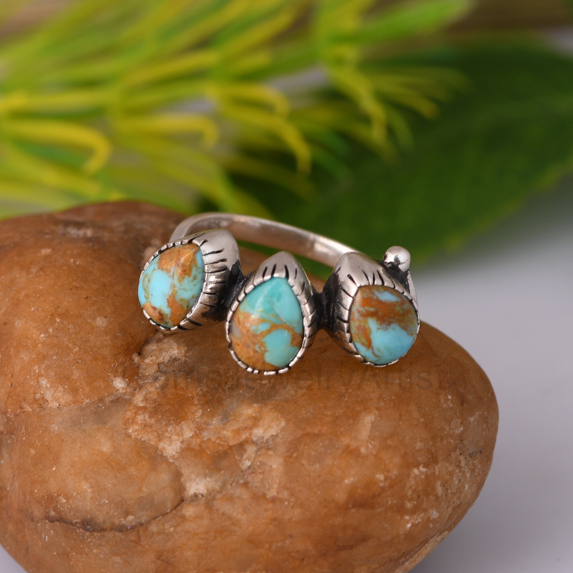 Kingman Turquoise Ring, Sterling Silver Three Stone Ring, Boho Handmade ...