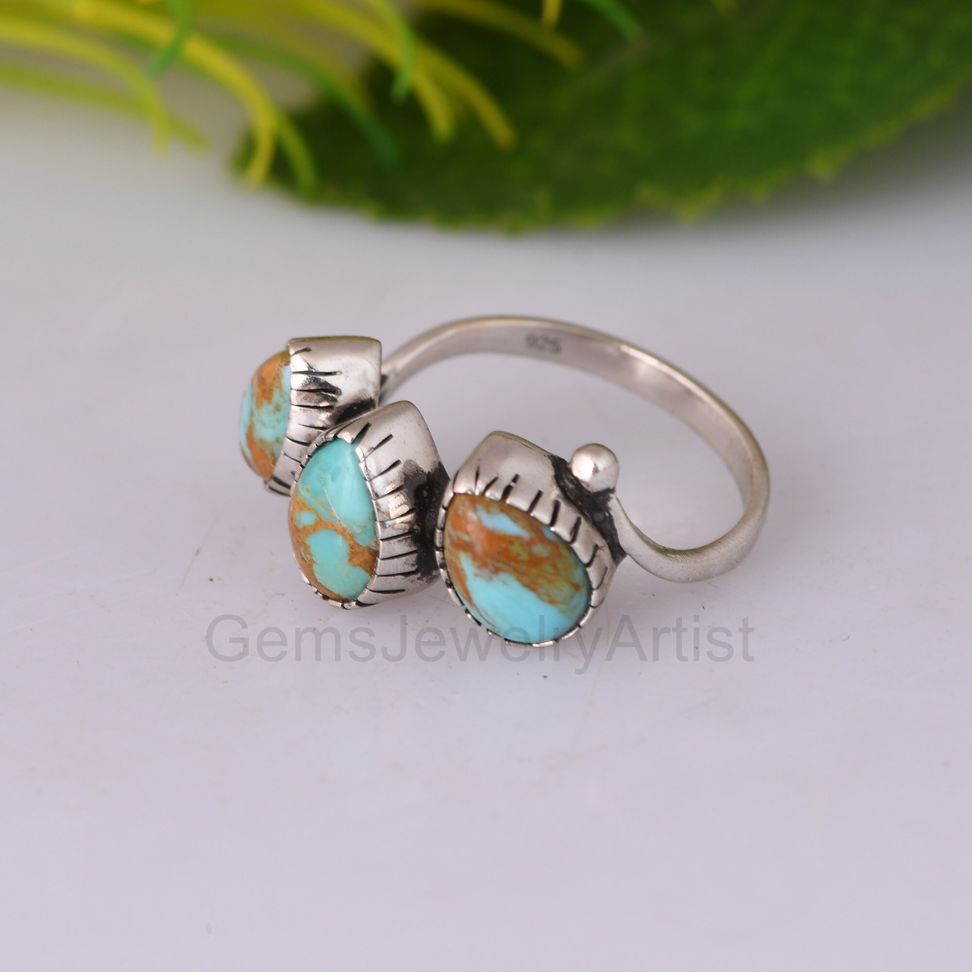 Kingman Turquoise Ring, Sterling Silver Three Stone Ring, Boho Handmade ...