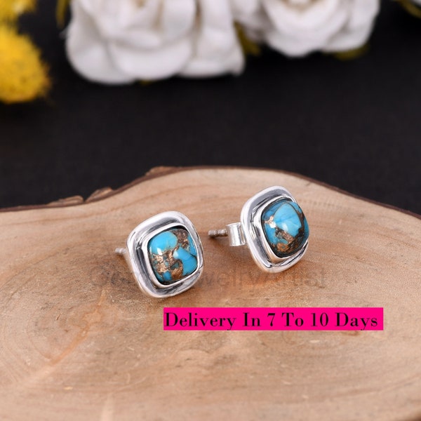 Mojave Copper Turquoise Studs - Silver Studs - Minimalist Studs - Push Back Studs - December Birthstone - Turquoise Jewelry - Gift For Love.