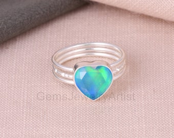 Aurora Opal Sky Gemstone Ring - 925 Sterling Silver Ring - Triple Band Ring - Heart Shape Gemstone Ring - Best Couple Ring - Gift For Love
