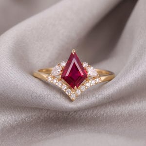 Kite Cut Ruby Engagement Ring,  IGI-Certified Lab Grown Diamond Ring, 14K Solid Gold Art Deco Cluster Ring, Gift for Her