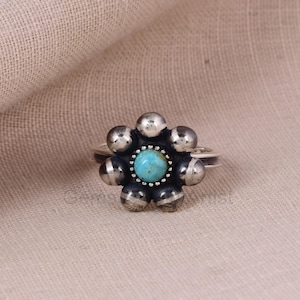 Handmade 925 Sterling Silver Turquoise Flower Ring – Boho Western Jewelry, Vintage-Style Floral Ring, Southwest Statement Ring,
