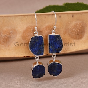 Designer Raw Lapis Lazuli Gemstone Earrings - Unique 925 Solid Silver Earrings - Two Stone Lapis Earrings - Engagement Gift Earrings.