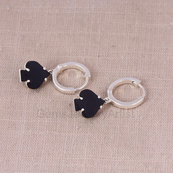 Black Onyx Spade Earrings | 925 Silver Hoop Earrings | Gift for 