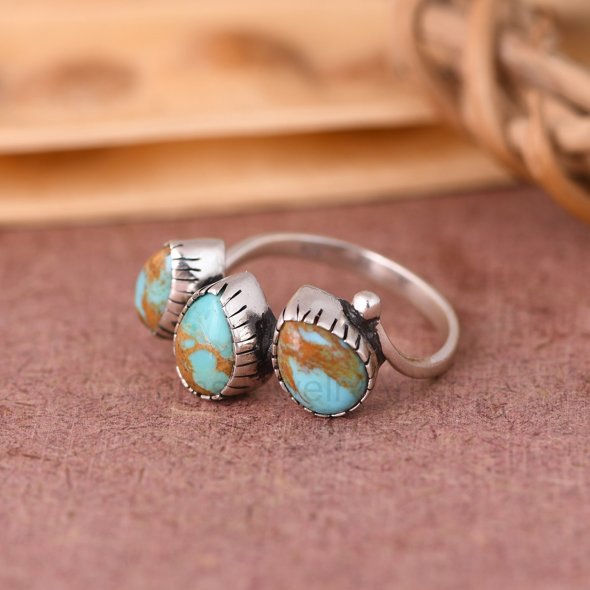 Kingman Turquoise Ring, Sterling Silver Three Stone Ring, Boho Handmade ...