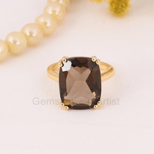 Natural Smoky Quartz Cushion Gemstone Ring - Handmade 925 Sterling Silver Ring - Brown Silver Ring - Statement Ring - Best Gift For Daughter
