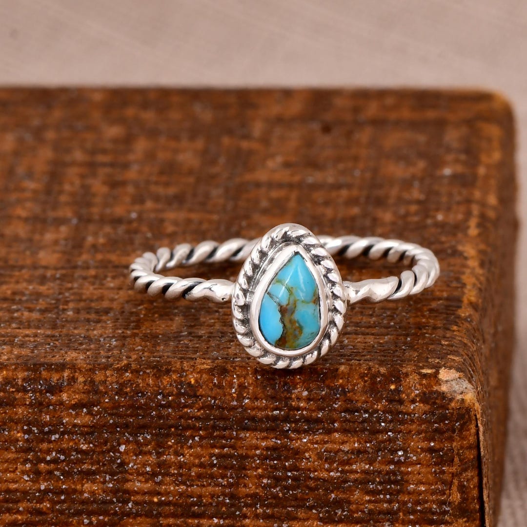 Kingman Turquoise Gemstone Ring, Sterling Silver Twisted Band, Dainty ...