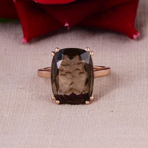 Smoky Quartz Cushion Cut Ring in Rose Gold Plating – Vintage Inspired Solitaire Gemstone Ring –Statement Ring for Her –Handmade Jewelry Gift
