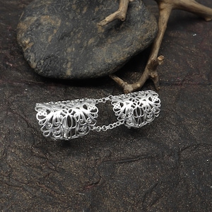 Medieval Armor Full Finger Ring, Sterling Silver, Chain Joint, Vintage Inspired