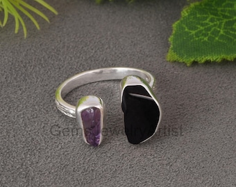 Genuine Black Obsidian & Purple Amethyst Gemstone Ring - 925 Solid Silver Ring Jewelry - Adjustable Ring - Rough Two Stone Ring For Sister.