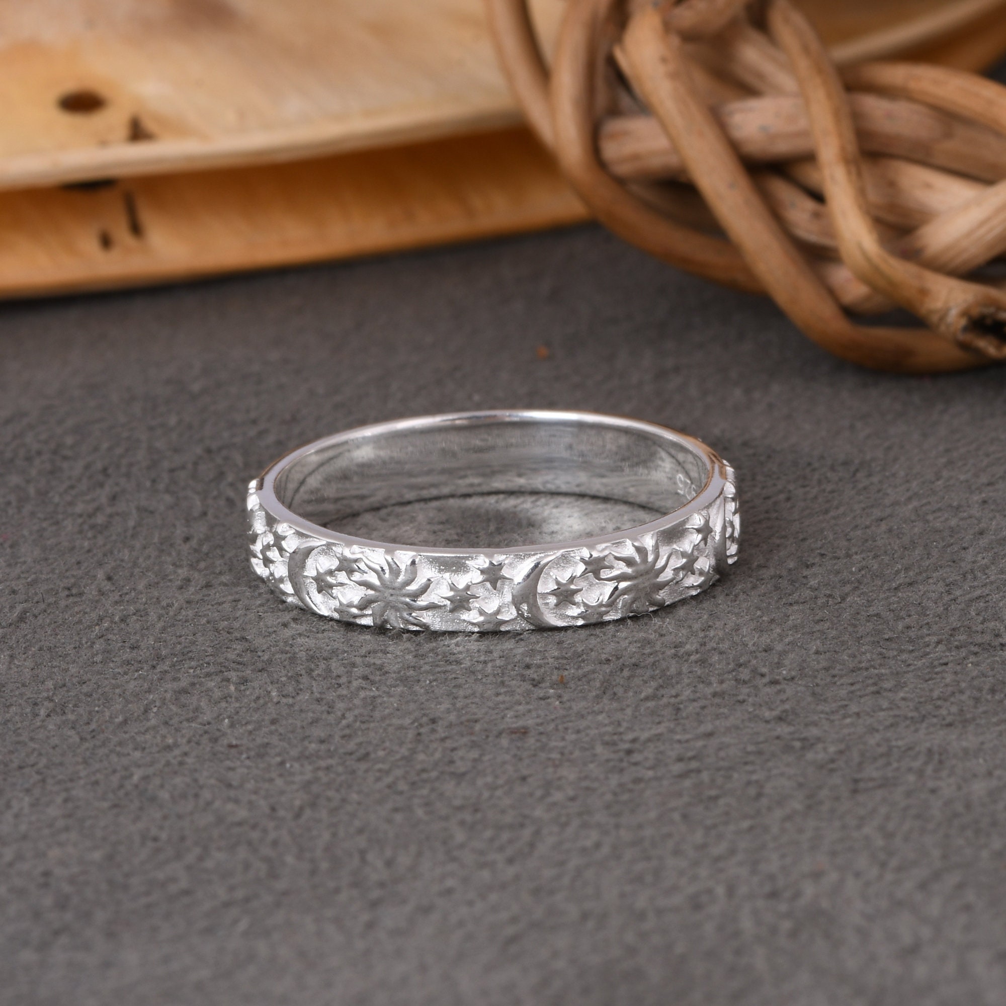 925 Sterling Silver Ring, Stackable Ring, Moon & Sun Rings, Spinner Ring, Celestial Jewelry, Star Ring, Wedding Band Ring For Her, For Love