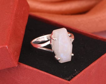 Rainbow Moonstone Ring, 925 Silver Ring Jewelry, Split Band Ring, Moonstone Coffin Ring, Statement Ring, Gemstone Jewelry, Birthday Gift