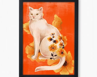 ART PRINT ~ White Cat Flowers