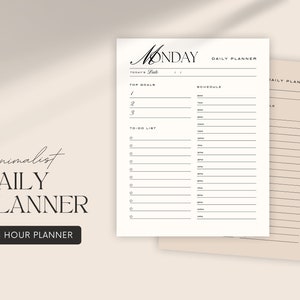 May include: A printable daily planner with a minimalist design. The planner includes sections for top goals, schedule, and a to-do list. The planner is labeled "Monday" and includes the text "24 Hour Planner".