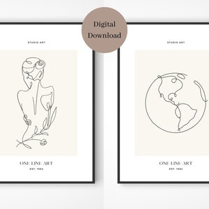 One Line Art Posters, World & Femininine (2-teilig) Art Illustration Wandbehang, minimalistisches Design, digitaler Download