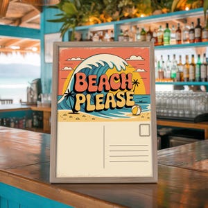 Cartolina di compleanno retrò da spiaggia, stampabile, vintage, decorazione da parete nautica, tropicale, mare, atmosfera estiva costiera, stampa digitale