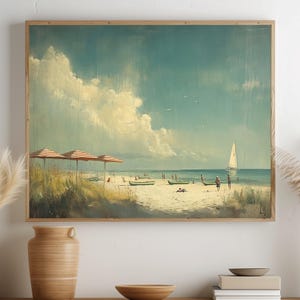 Coastal Beach Landscape Painting  Rustic Summer Seaside Art Vintage Nautical Decor SunSoaked Shore Printable Wall Art Ocean Scene 360