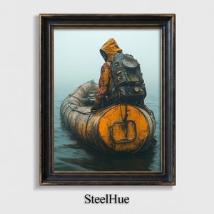 Moody Hooded Figure on Inflatable Boat Print, Mustard Rain Jacket on Foggy Water, Cinematic Nautical Wall Art, Instant Digital Download