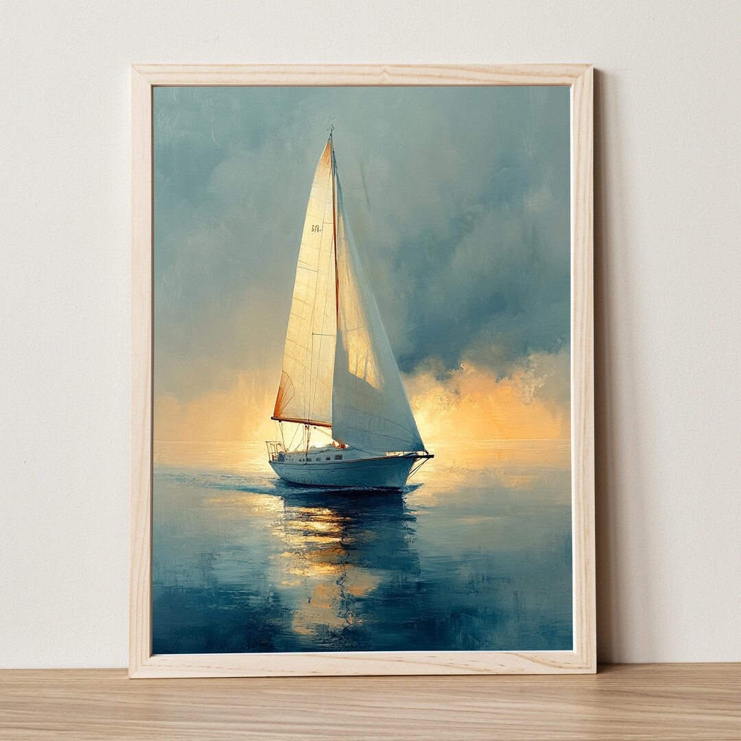 Nautical Sailboat at Sunrise Printable Wall Art Moody Seascape Painting ...