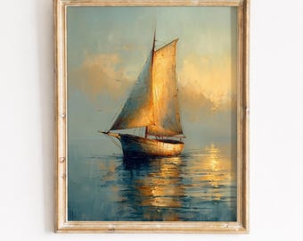Sailboat Sunset Wall Art Printable, Vintage Nautical Coastal Print, Golden Hour Seascape Decor, Digital Download