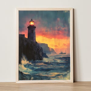 Moody Lighthouse Painting for Living Room Wall Decor Vintage Seascape Print with Ocean Waves Rustic Nautical Art Instant Download