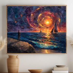 Impressionist Seascape Art Dramatic Sunset Painting Vibrant Ocean Wall Decor Coastal Nautical Print Printable Digital Download