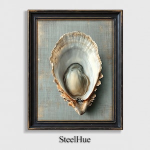 Stampa artistica di conchiglie di ostriche su tela di lino, decorazione murale costiera per il bagno, regalo nautico per una casa sulla spiaggia, dipinto minimalista raffigurante la vita marina
