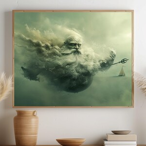 Dios mítico del mar con barco, arte mural surrealista del océano, escena náutica de fantasía, paisaje marino etéreo, decoración, obra de arte imprimible para el hogar 227