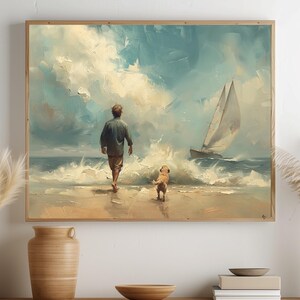 Peut inclure: Impression d'une peinture à l'huile encadrée en bois représentant un homme et un chien sur une plage, avec un voilier au loin. L'œuvre présente un ciel nuageux et des vagues océaniques. L'homme et le chien sont au premier plan.
