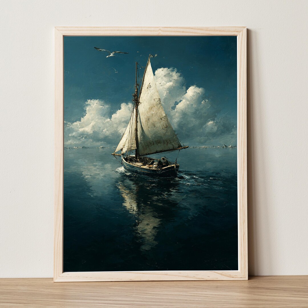 Vintage Sailboat Seascape Art Print: Rustic Nautical Wall Decor ...