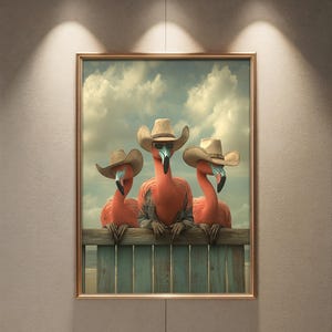 面白いファームハウスの装飾、カウボーイフラミンゴプリント、ユーモラスな壁アート、ヴィンテージキッチュシーン、カウボーイハットとブーツのアート、印刷可能ダウンロード